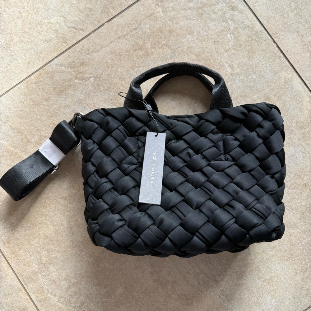BCBG NWT Black Neoprene Woven Tote Crossbody Handbag with Strap